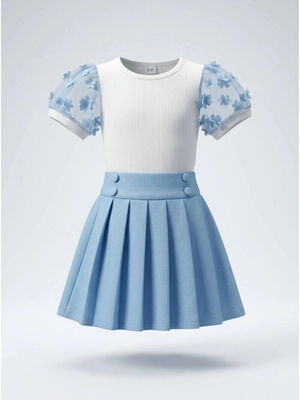 Toddler Girls 2-Piece Outfit with Blue Pleated Skirt and White Top with Floral T